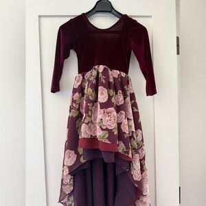 Pleiades Girls' Burgundy Velvet Bodice Floral High-Low Dress